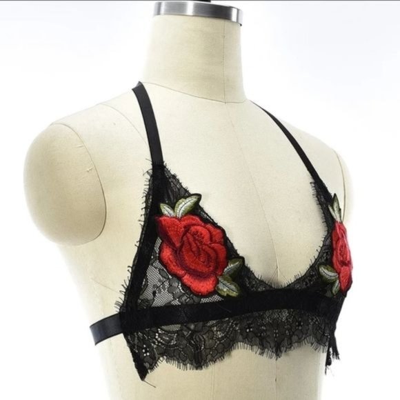 BLACK FLORAL & MESH EMBROIDERED RAVE CLUB HARNESS BRA - Picture 3 of 4